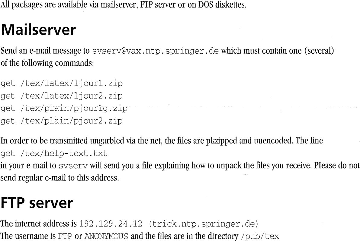 [A flyer with instructions on how to obtain files through a mailserver and FTP server.]