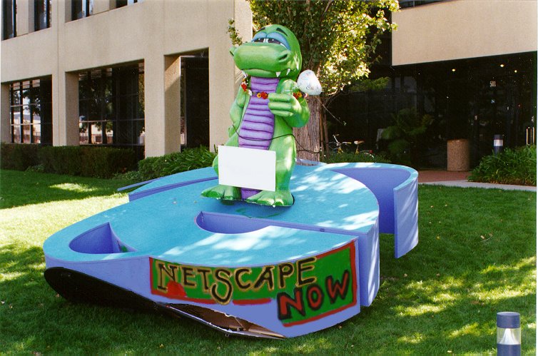 [Netscape employees knock it over, and place their Mozila mascot on it. The sign reads: Netscape 72%, Microsoft 18%]