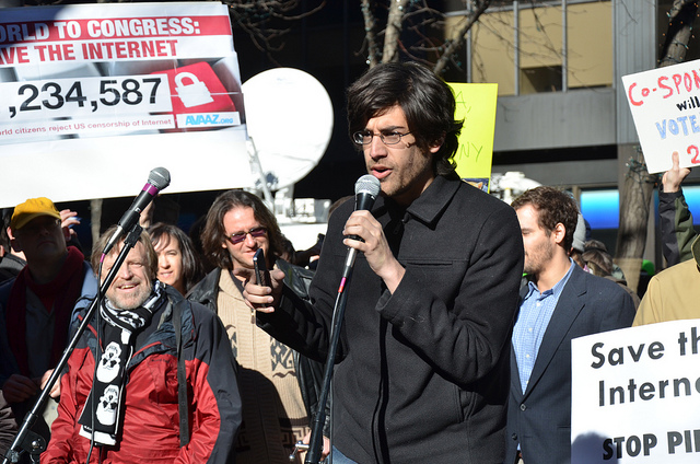 [Aaron Swartz speaking at an anti-SOPA rally.]